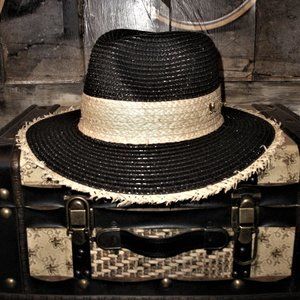 Womens Black & Natural Frayed Summer Straw Fedora